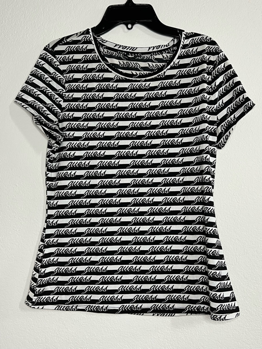GUESS Black & White Striped Logo Top